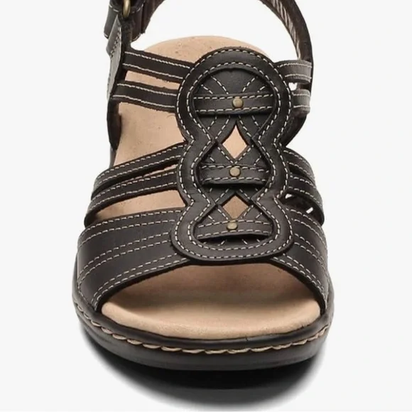 Clarks Leisa Janna Black Sandal, Size 8W Leather Hook‑&‑Loop Strappy Sandals - Picture 9 of 14